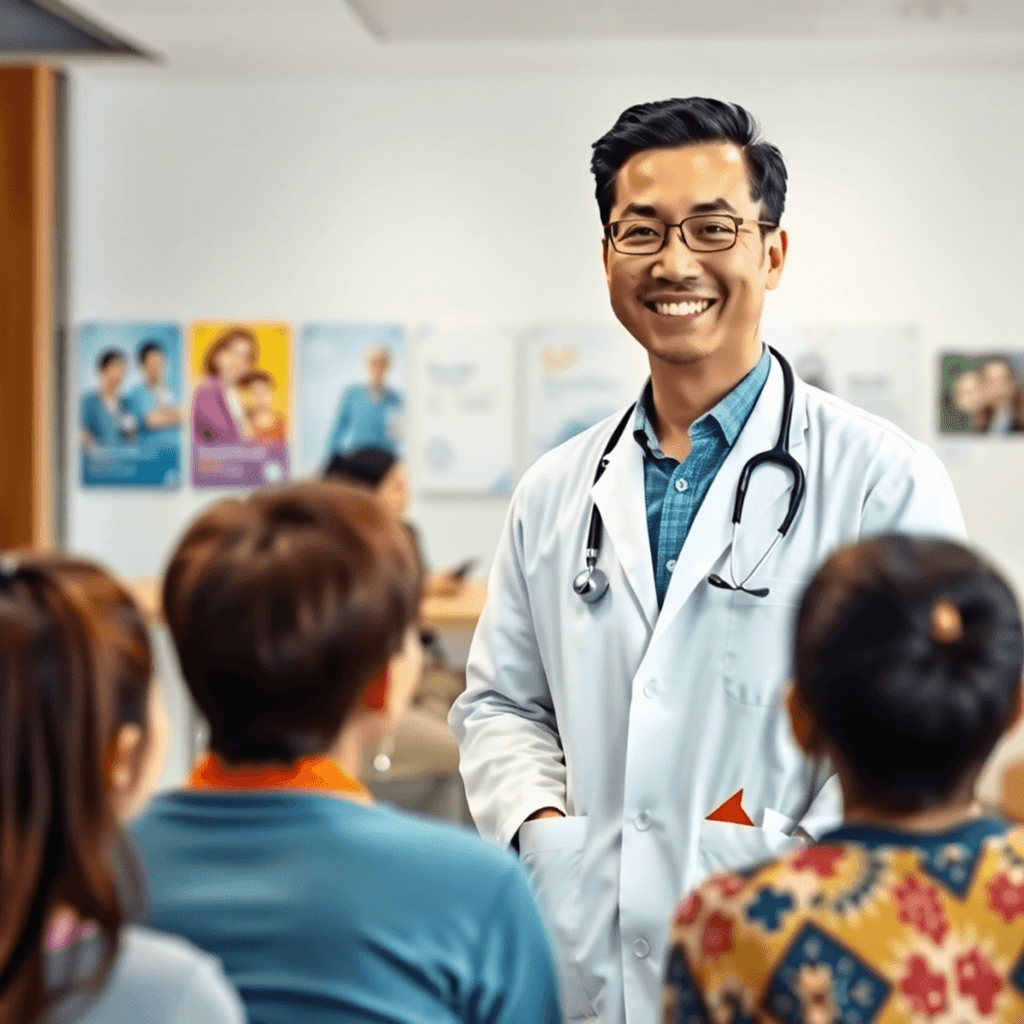 A confident doctor in a white coat smiles while engaging with a diverse group of patients in a modern clinic, surrounded by medical posters and a w...