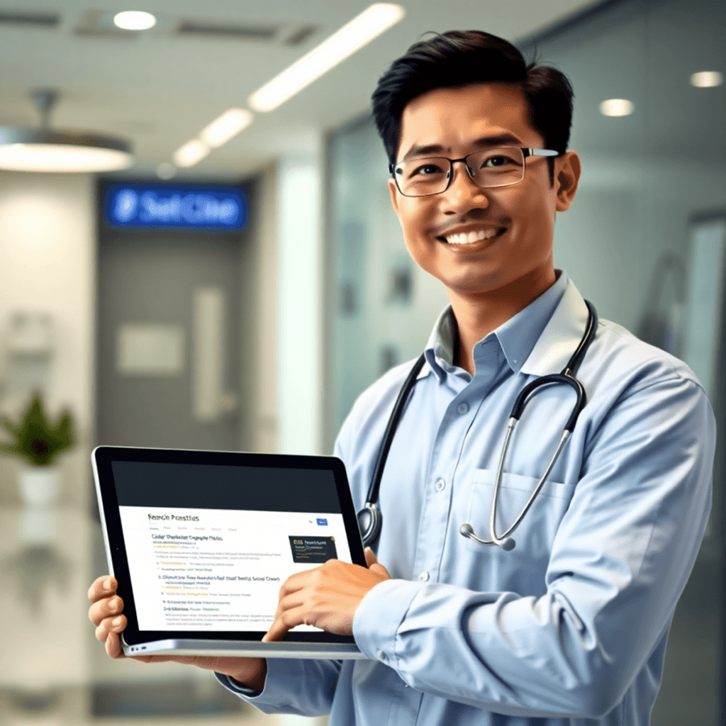 A confident healthcare professional stands in front of a modern clinic with a laptop showing their practice's search results, surrounded by medical...