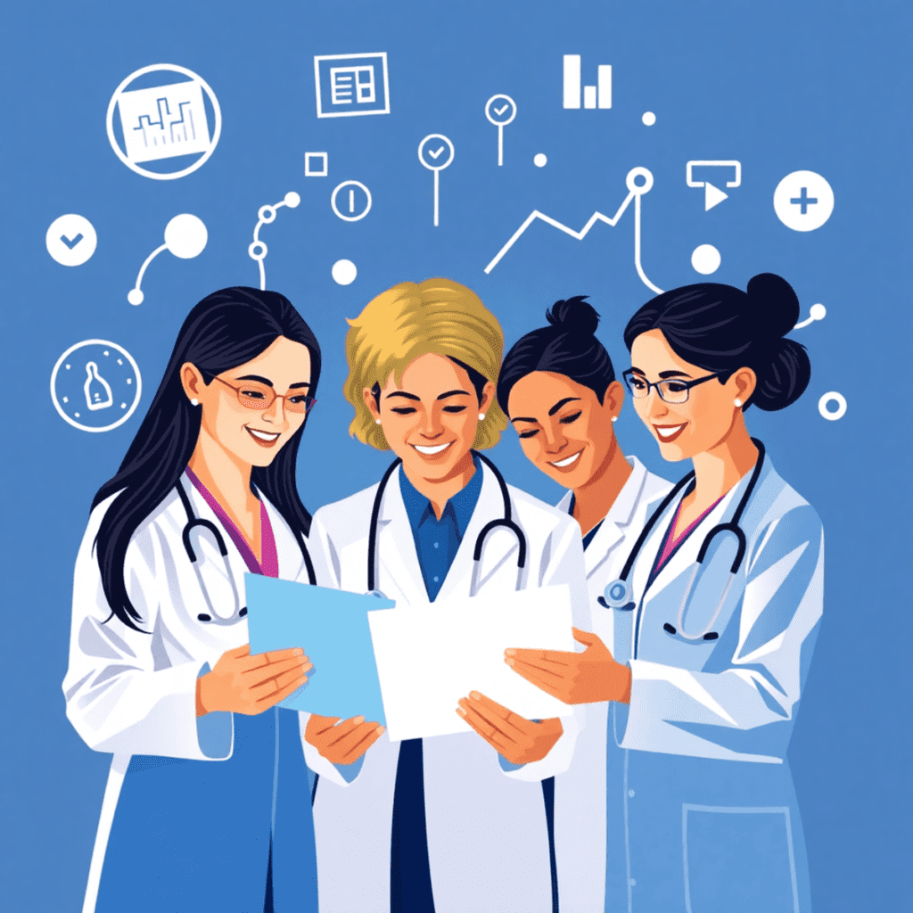 A dynamic scene of healthcare professionals collaborating on marketing strategies, surrounded by graphs and charts, with subtle healthcare symbols ...