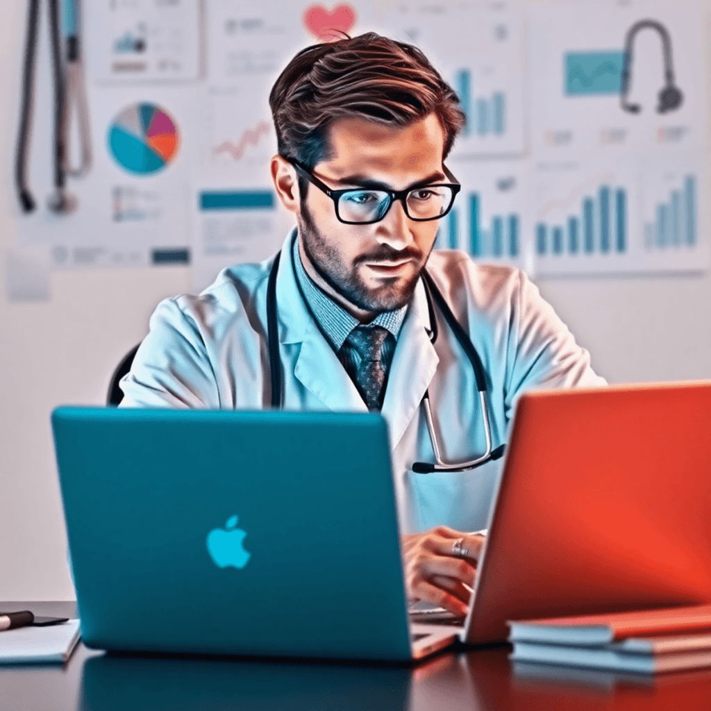 A healthcare professional at a desk with a laptop, analyzing data and charts, surrounded by medical items like stethoscopes and patient files in an...