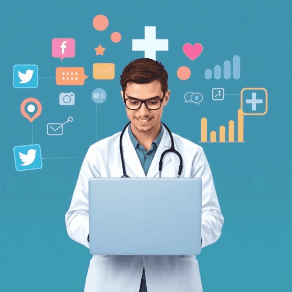 A healthcare professional using a laptop amidst symbols of digital marketing like social media icons, graphs, and a medical cross, in an abstract s...